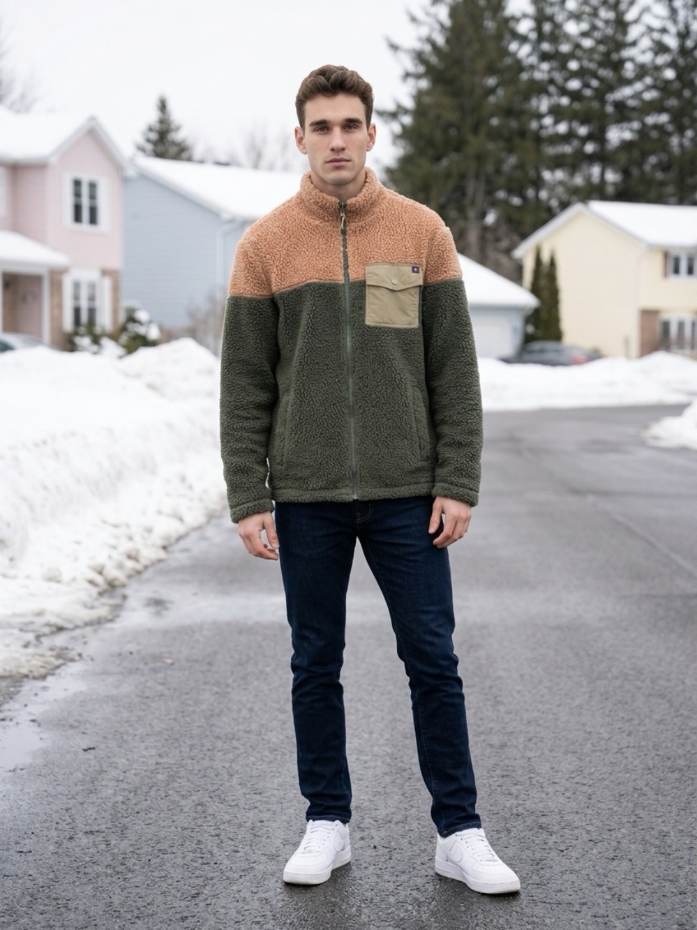 Men's Two-Tone Sherpa Jacket - Olive & Pink